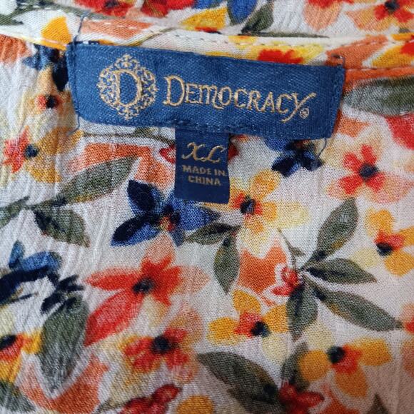 DEMOCRACY Blouse Top Shirt Size‎ XL Boho Floral Ruffled V-Neck Yellow Blue - Picture 6 of 10